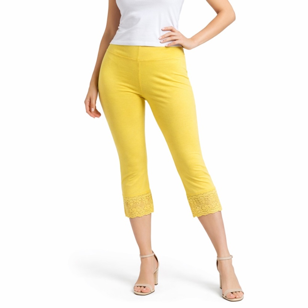 TAGWOMAN Yellow Lace Trim Cropped Leggings Capri Pants Size S Casual Stretch